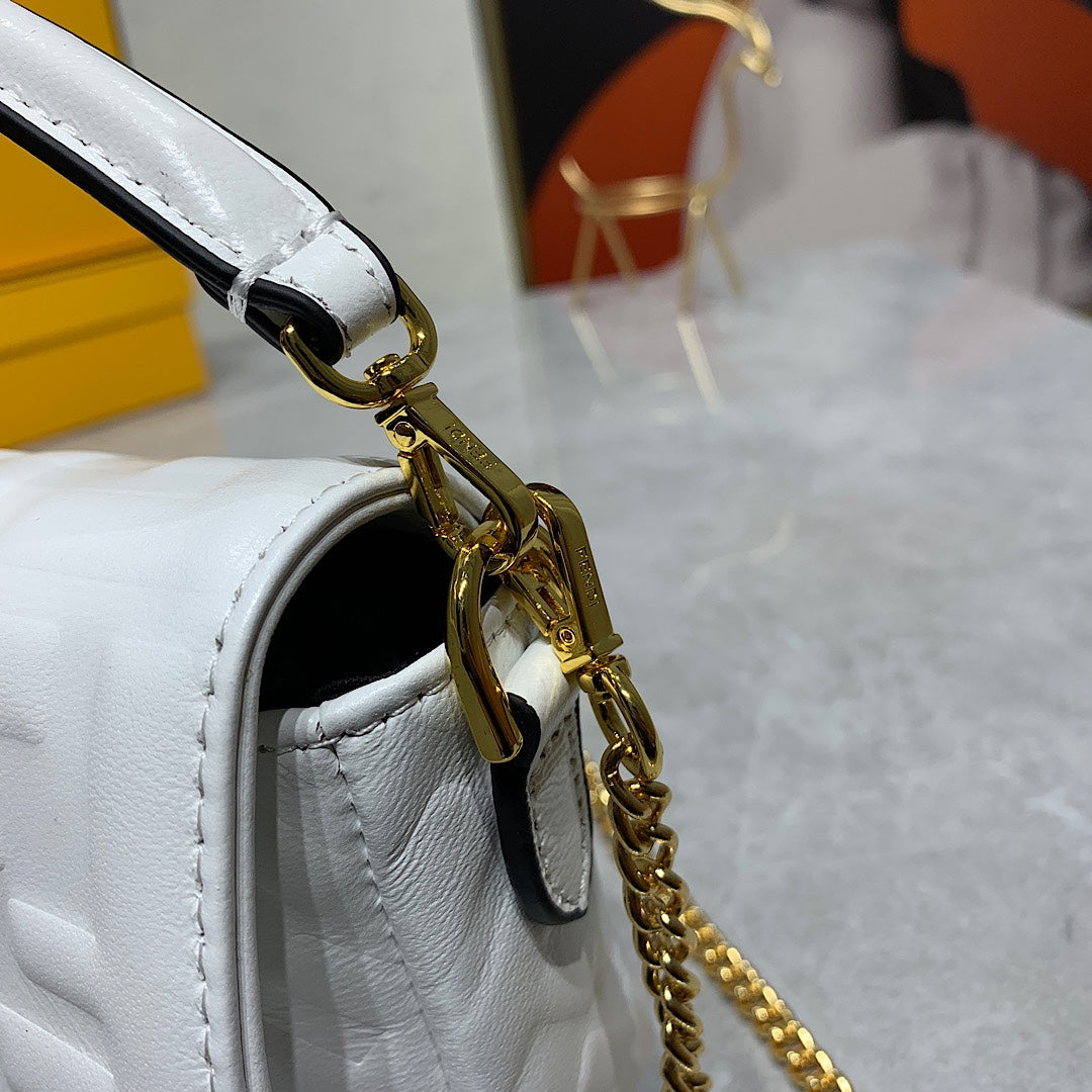 Fendi Baguette White Leather Mini Bag with Gold-Tone Chain Strap