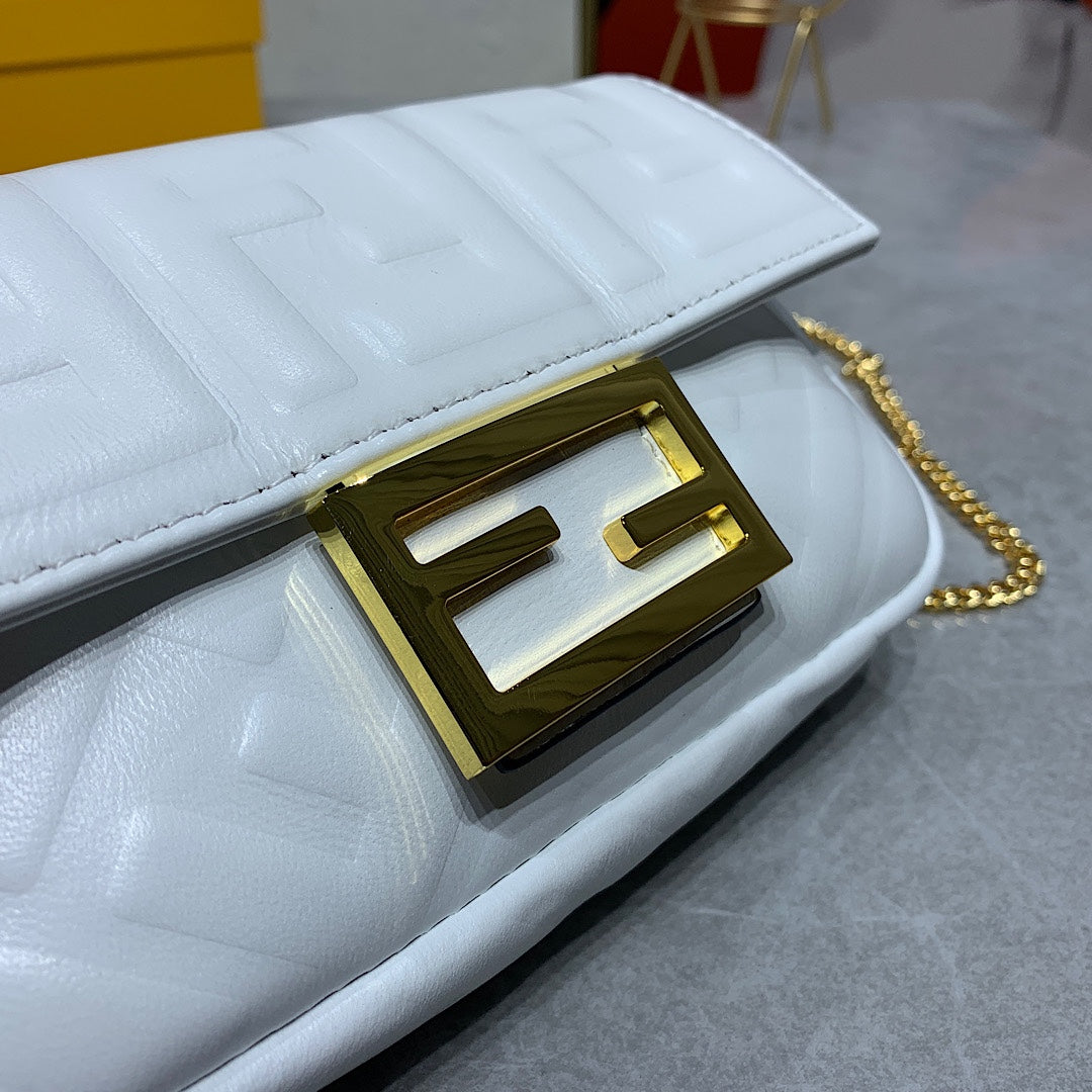 Fendi White Embossed FF Logo Baguette Bag with Gold-Tone Chain Strap