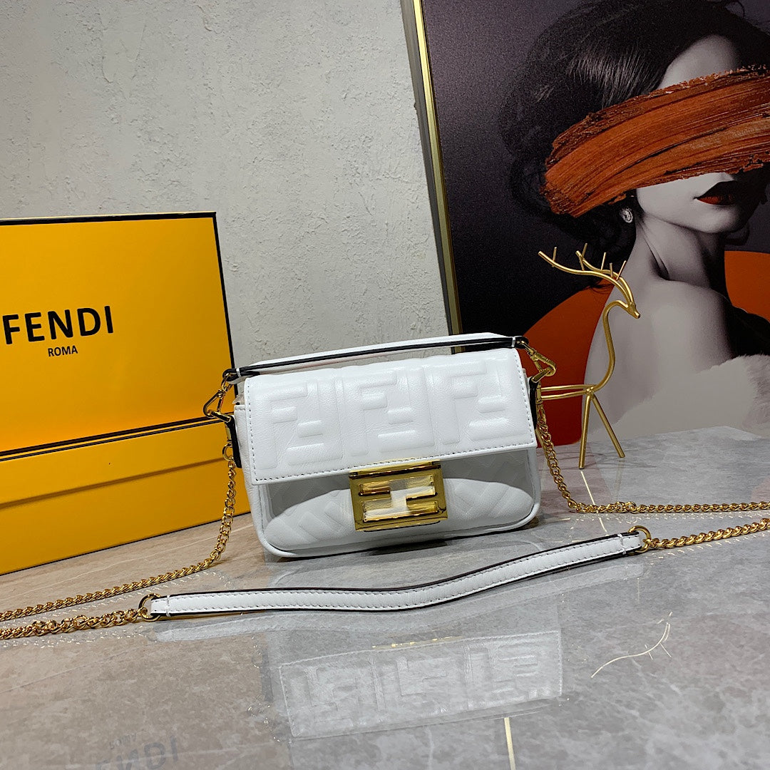 White Embossed Logo Baguette Crossbody Bag with Gold Chain Strap