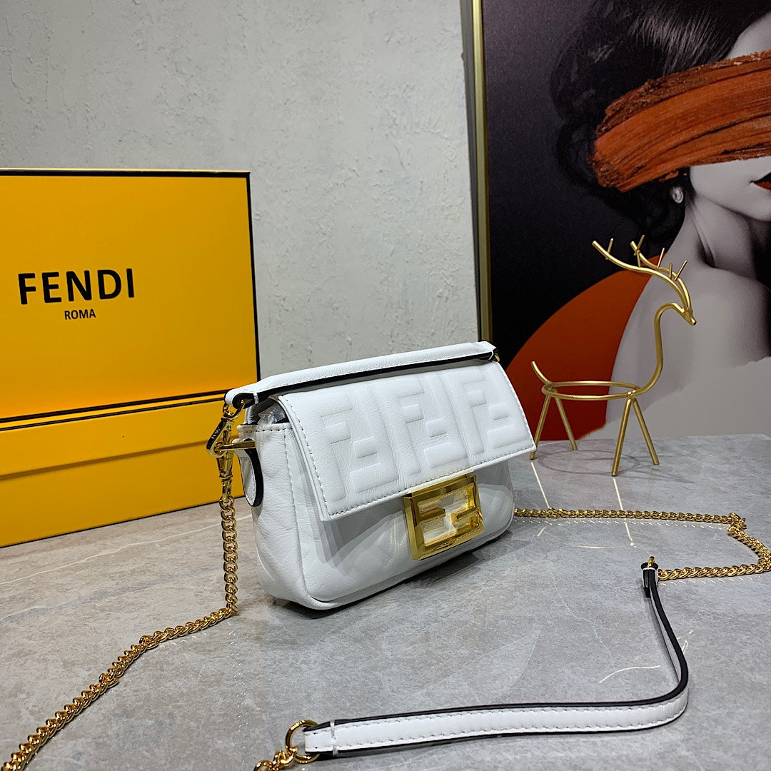 Fendi White Embossed Leather Baguette Bag with Gold-Tone Hardware