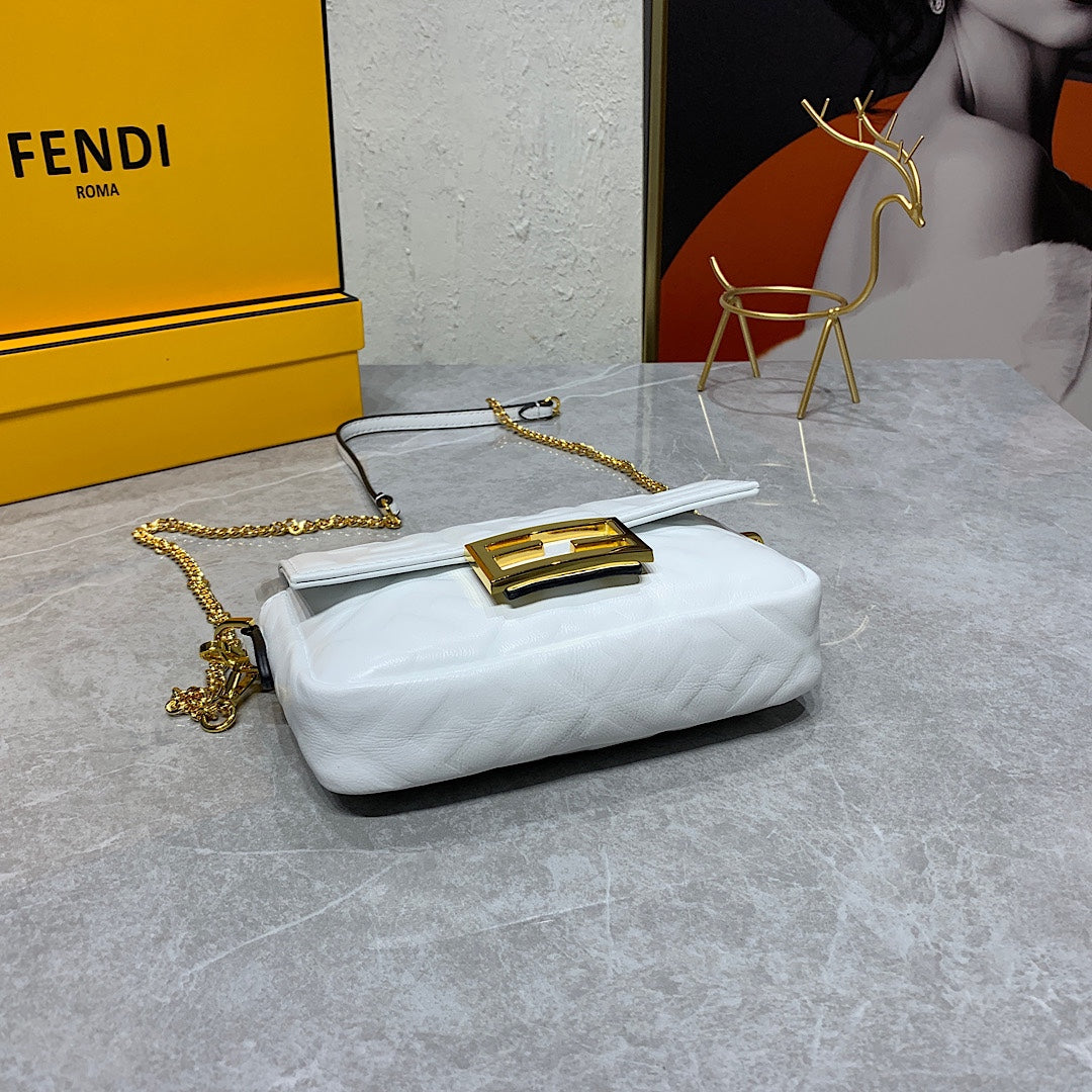 White Embossed Logo Baguette Crossbody Bag with Gold Chain Strap