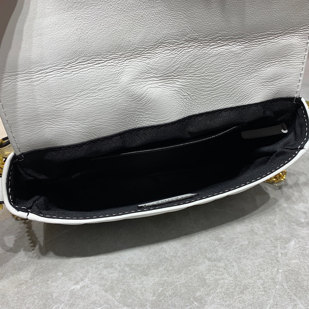 White Embossed Logo Baguette Crossbody Bag with Gold Chain Strap