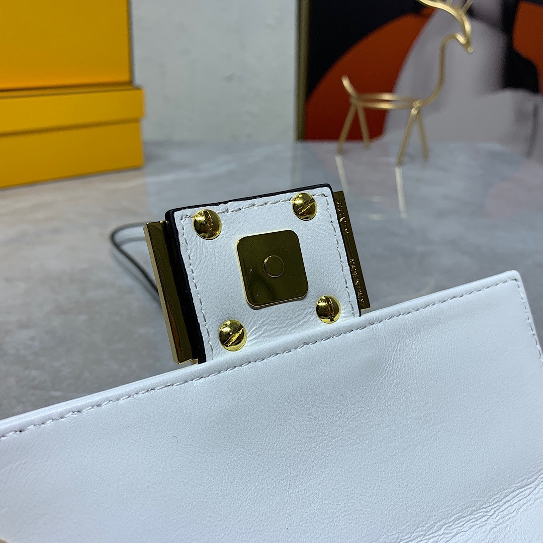 Fendi White Embossed Leather Baguette Bag with Gold-Tone Hardware