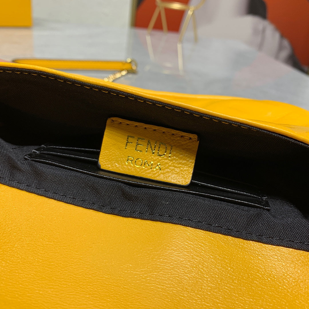 Fendi Baguette Yellow Embossed FF Logo Leather Shoulder Bag with Gold Hardware