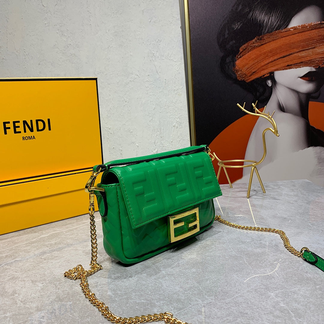 Fendi FF Embossed Green Leather Small Shoulder Bag with Gold Chain