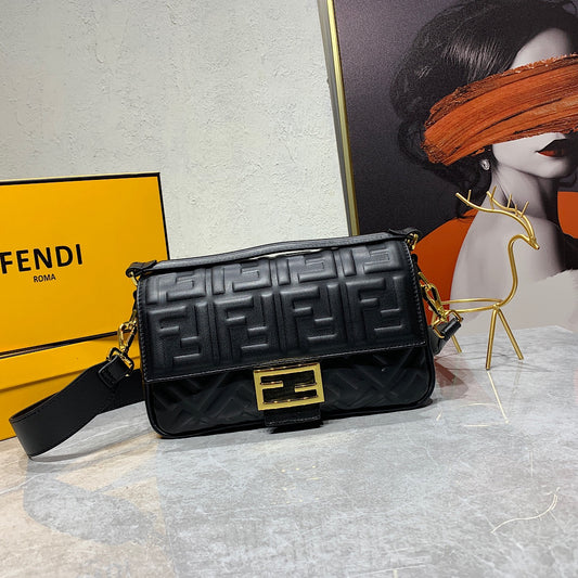Fendi Baguette Black Embossed FF Monogram Leather Shoulder Bag