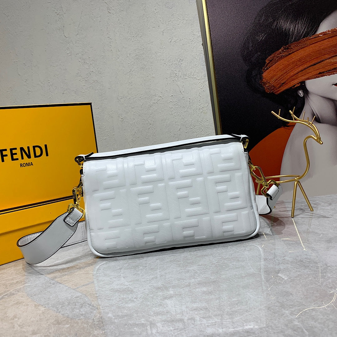 Fendi White Embossed FF Nappa Leather Baguette Bag with Gold Hardware