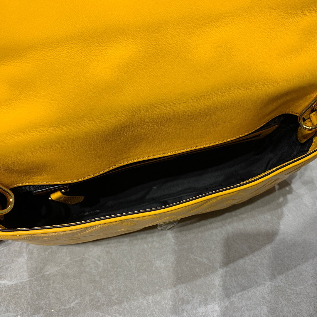Fendi Yellow FF Embossed Leather Baguette Shoulder Bag
