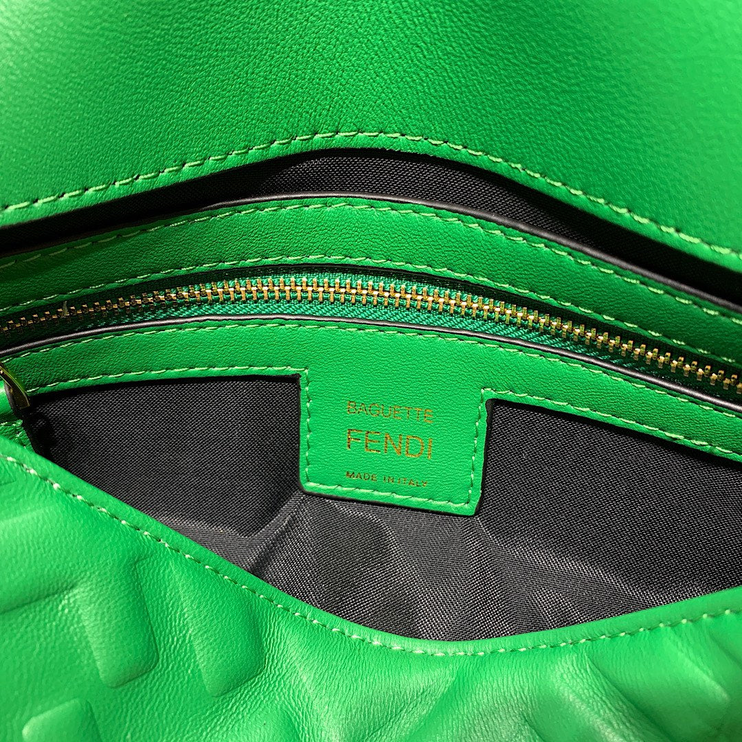 Fendi Baguette Green FF Embossed Leather Shoulder Bag