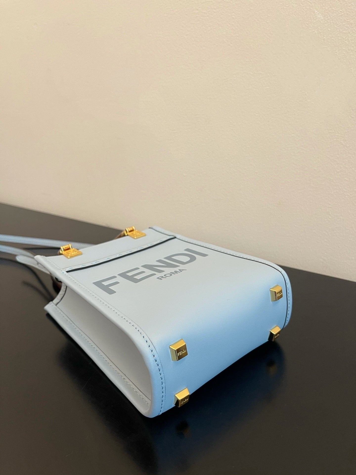 Fendi Mini Sunshine Shopper Bag in Light Blue Leather with Tortoiseshell Handles