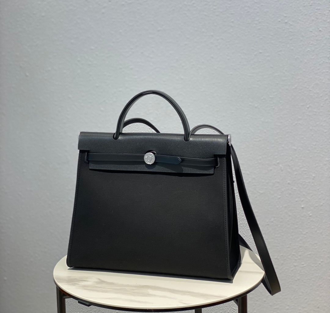 Elegant Black Canvas and Leather Top Handle Shoulder Bag - Classic Minimalist Satchel