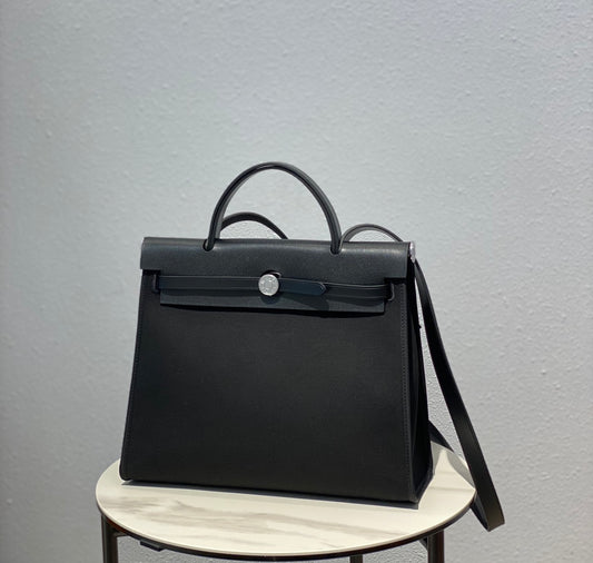 Elegant Black Canvas and Leather Top Handle Shoulder Bag - Classic Minimalist Satchel