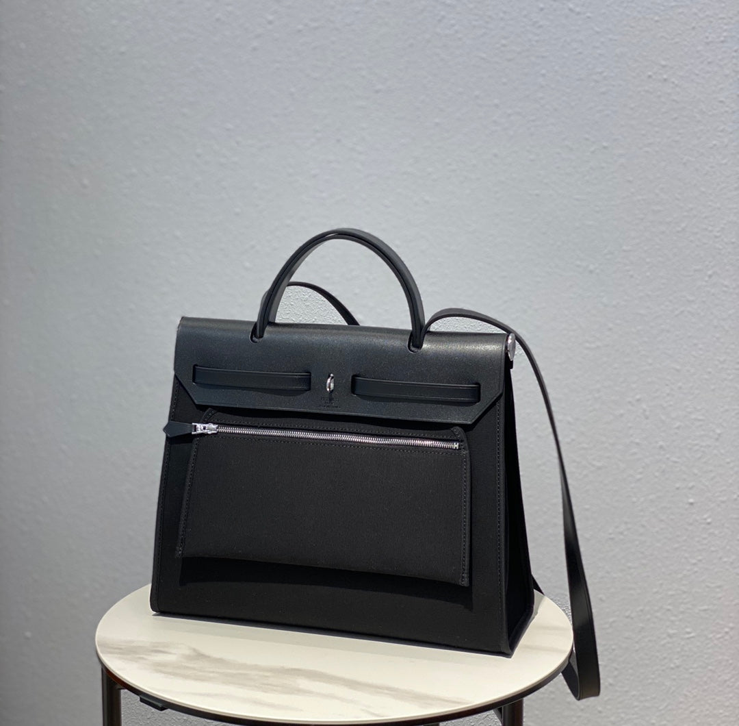 Elegant Black Canvas and Leather Top Handle Shoulder Bag - Classic Minimalist Satchel