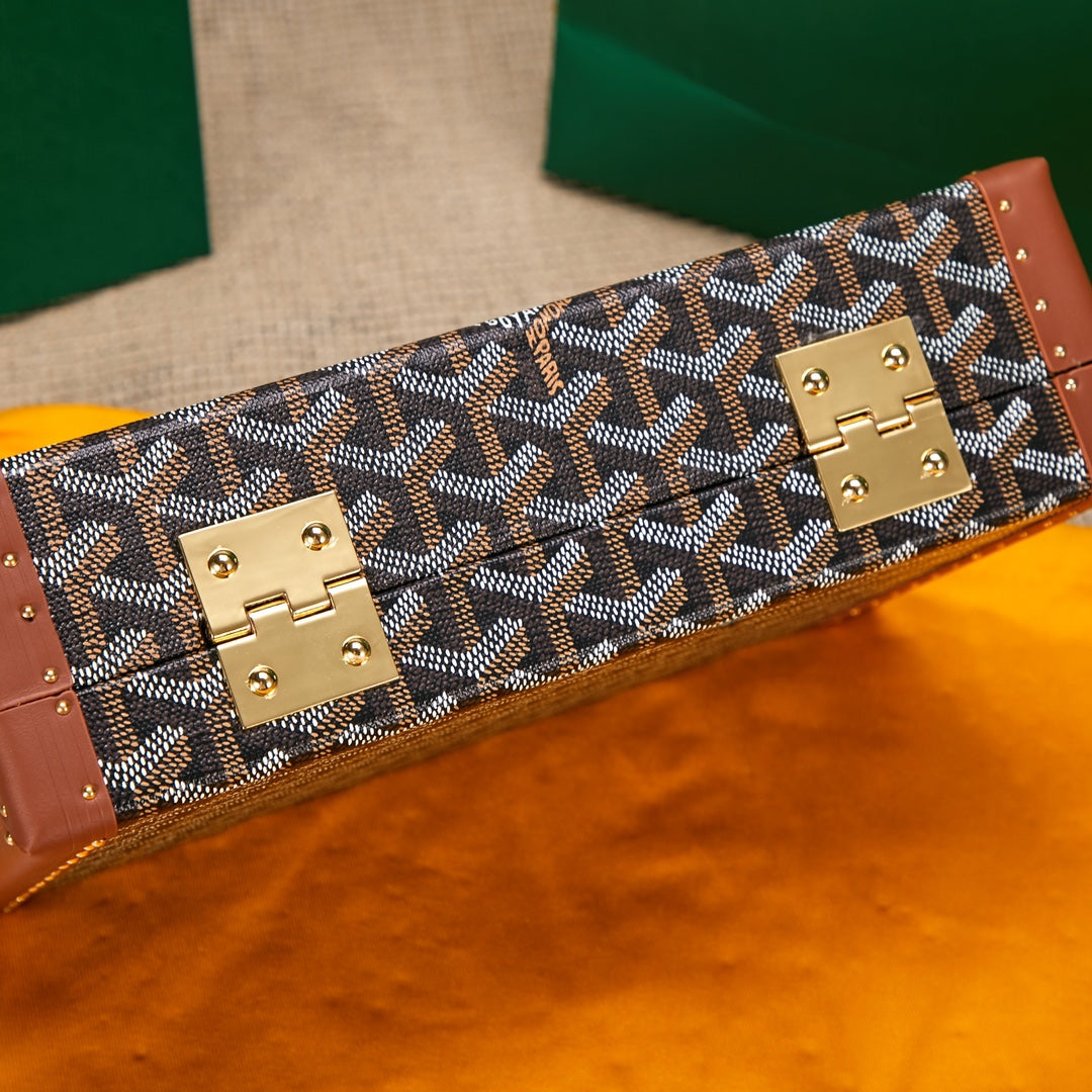 Gogy Luxury Geometric Print Mini Trunk Clutch with Leather Trim