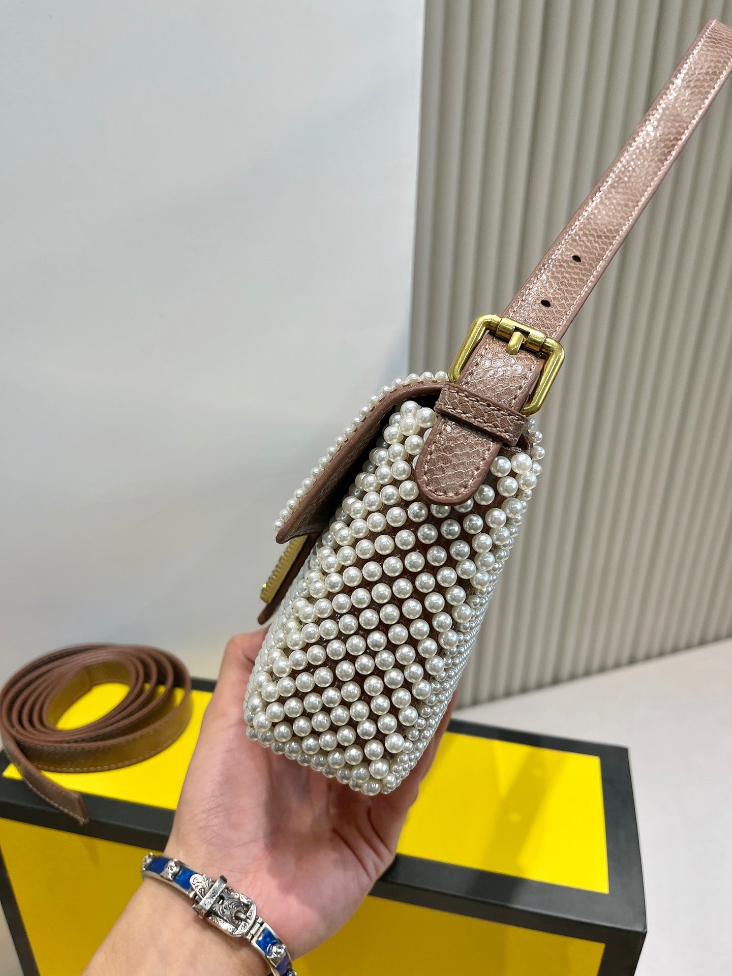 Luxury Patterned Beaded Baguette Shoulder Bag - Brown and Neutral Tones with Gold-Tone Buckle