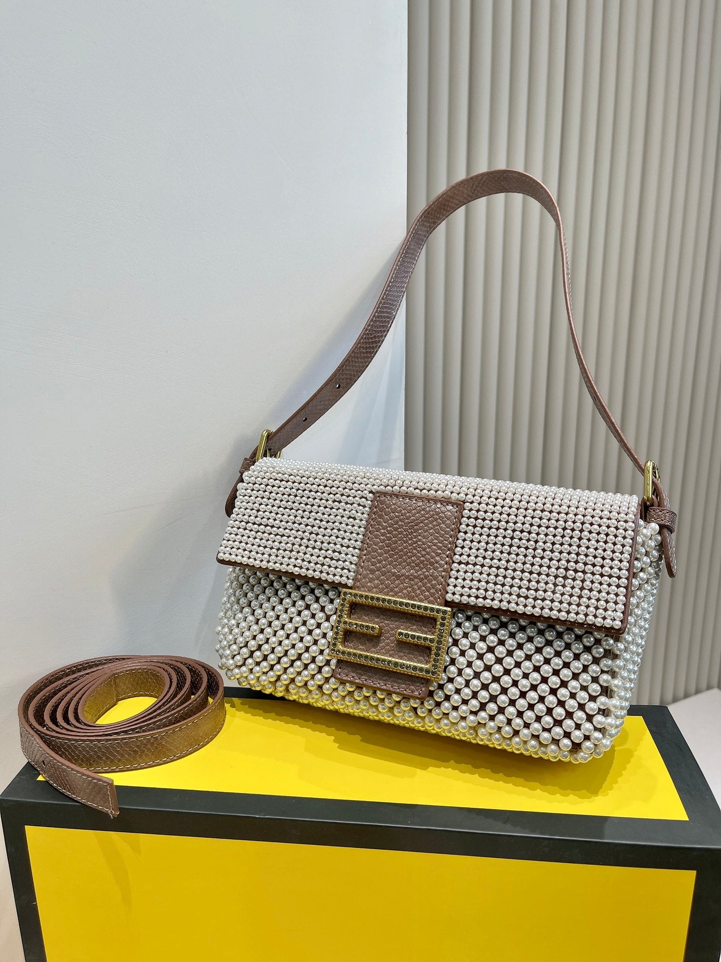 Luxury Patterned Beaded Baguette Shoulder Bag - Brown and Neutral Tones with Gold-Tone Buckle