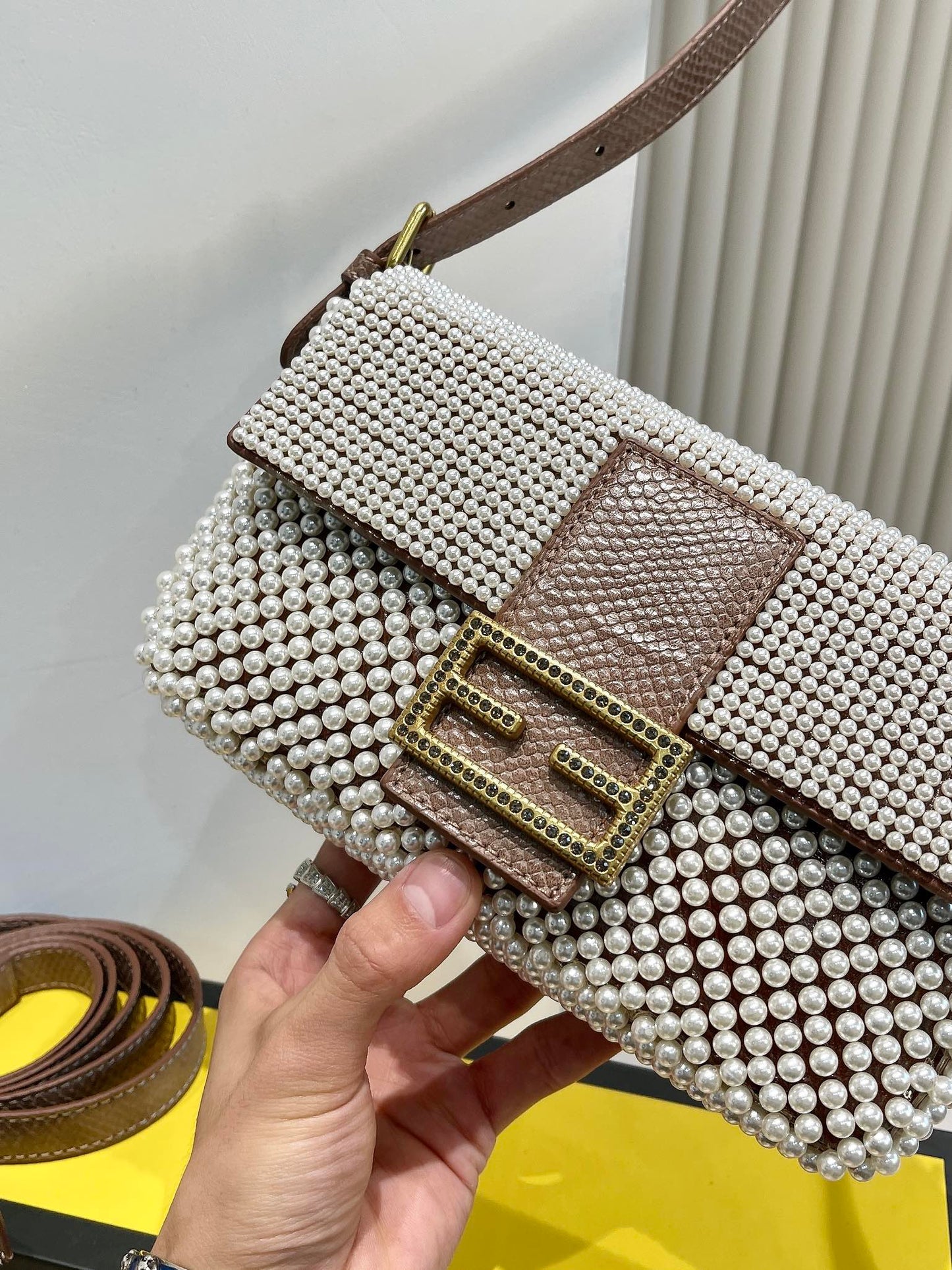 Luxury Patterned Beaded Baguette Shoulder Bag - Brown and Neutral Tones with Gold-Tone Buckle