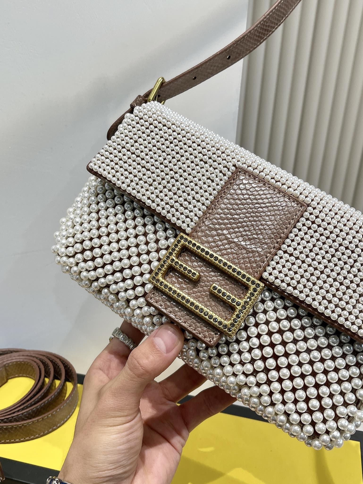 Luxury Patterned Beaded Baguette Shoulder Bag - Brown and Neutral Tones with Gold-Tone Buckle