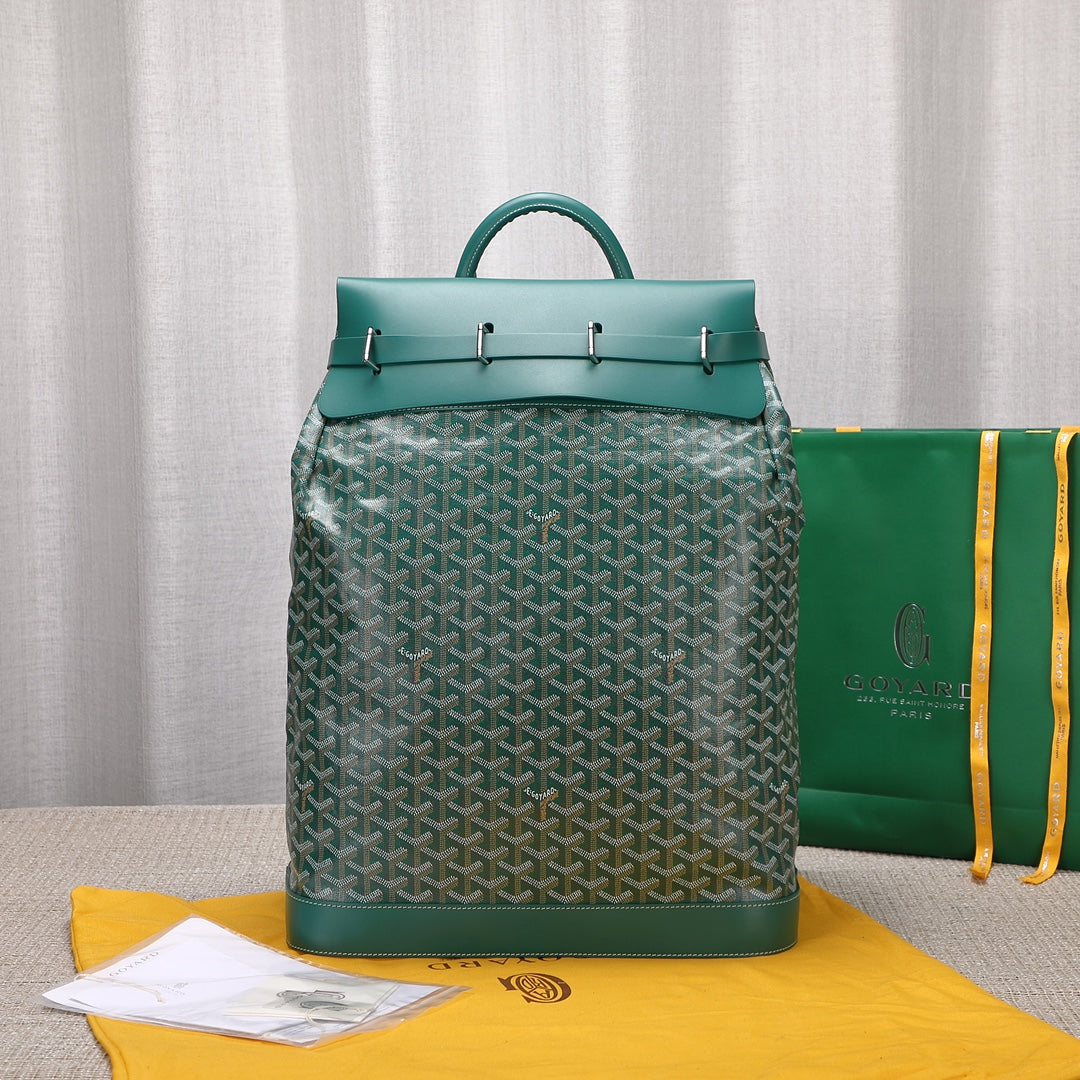 Gogy Classic Green Chevron Pattern Canvas Backpack with Leather Trim