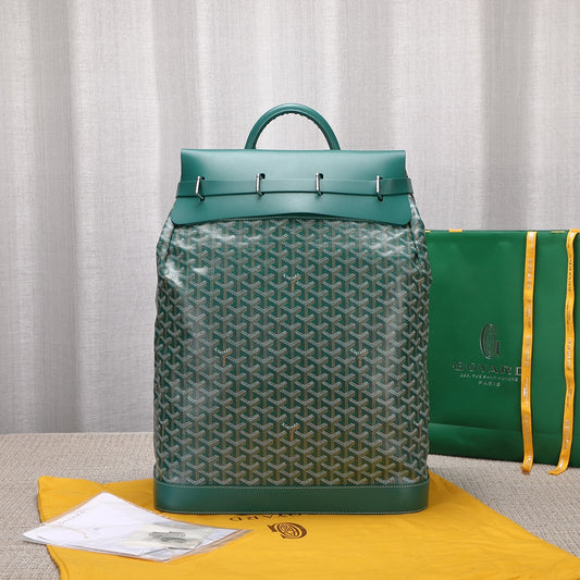 Gogy Classic Green Chevron Pattern Canvas Backpack with Leather Trim