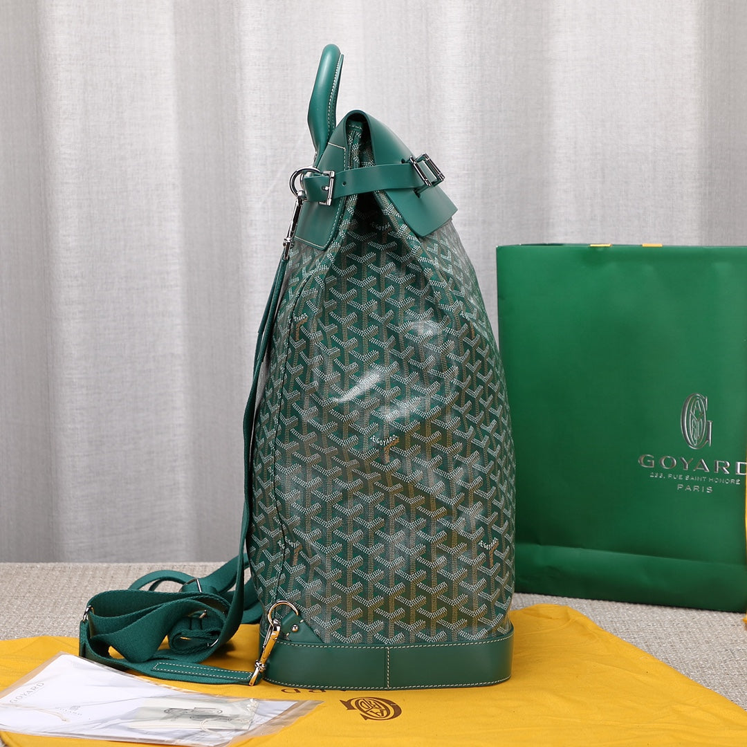 Gogy Classic Green Chevron Pattern Canvas Backpack with Leather Trim