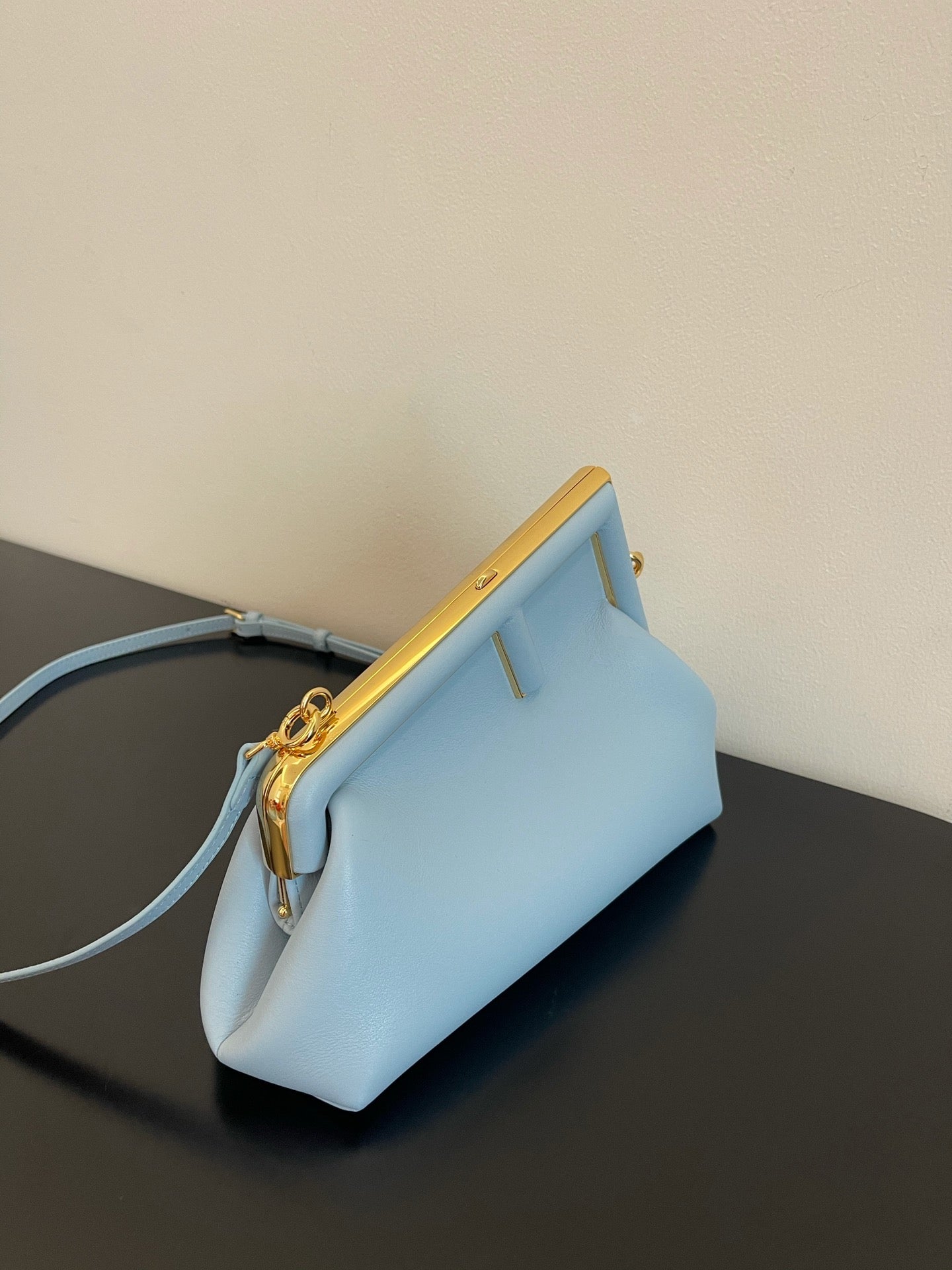 Small Light Blue Leather Frame Clutch - Elegant Asymmetric Crossbody Bag with Gold Hardware