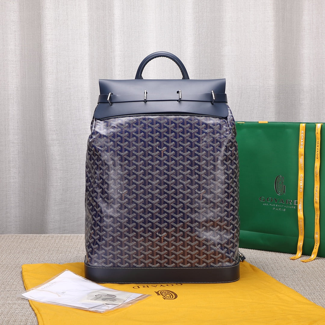 Gogy Navy Blue Geometric Chevron Pattern Canvas Backpack with Leather Trim