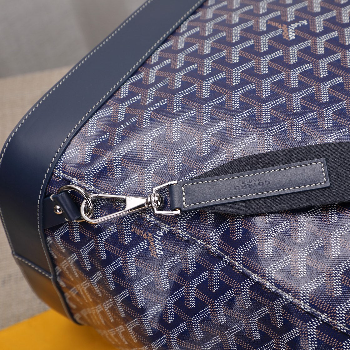 Gogy Navy Blue Geometric Chevron Pattern Canvas Backpack with Leather Trim