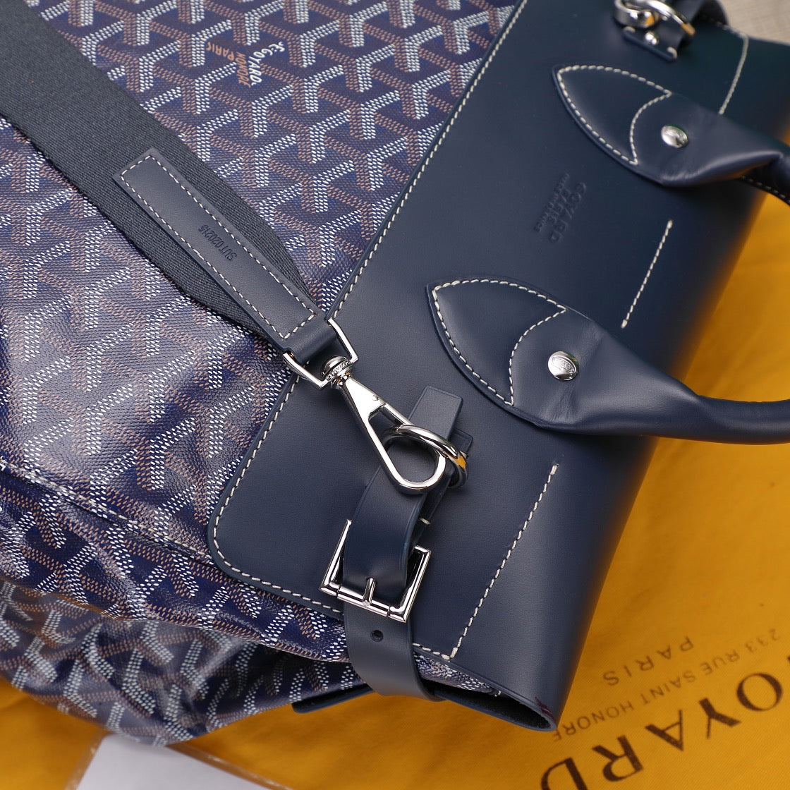 Gogy Navy Blue Geometric Chevron Pattern Canvas Backpack with Leather Trim