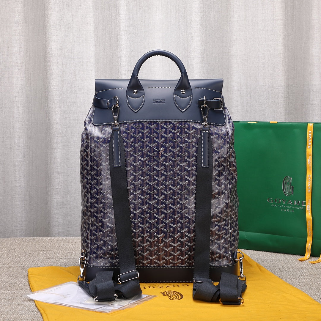 Gogy Navy Blue Geometric Chevron Pattern Canvas Backpack with Leather Trim
