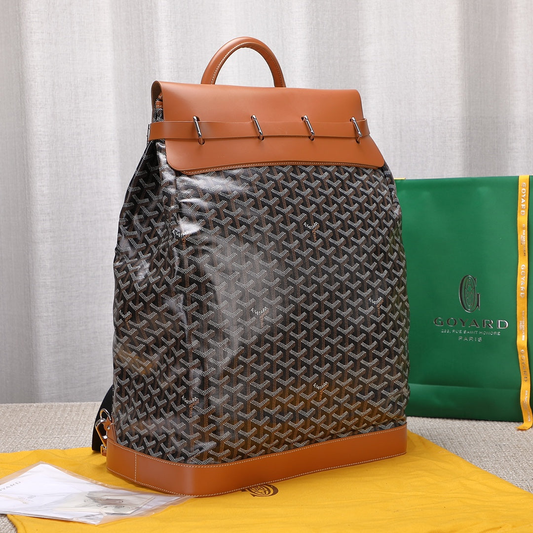 Gogy Luxury Chevron Pattern Canvas Backpack with Tan Leather Trim