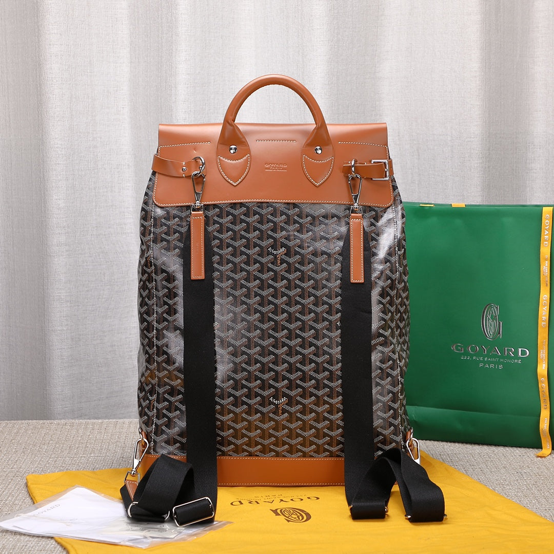 Gogy Luxury Chevron Pattern Canvas Backpack with Tan Leather Trim