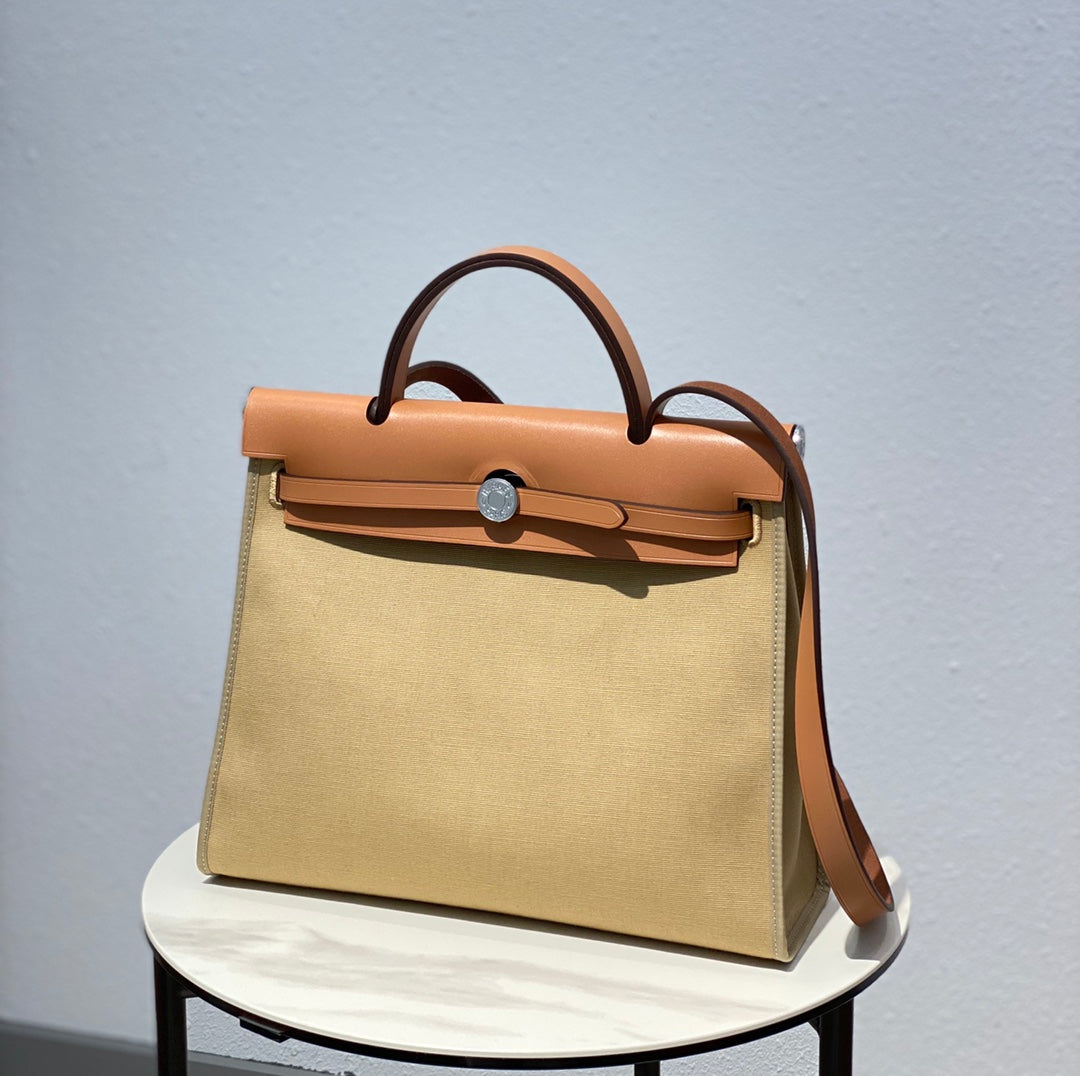 Classic Tan Canvas and Leather Top Handle Handbag - Elegant Shoulder Bag for Women
