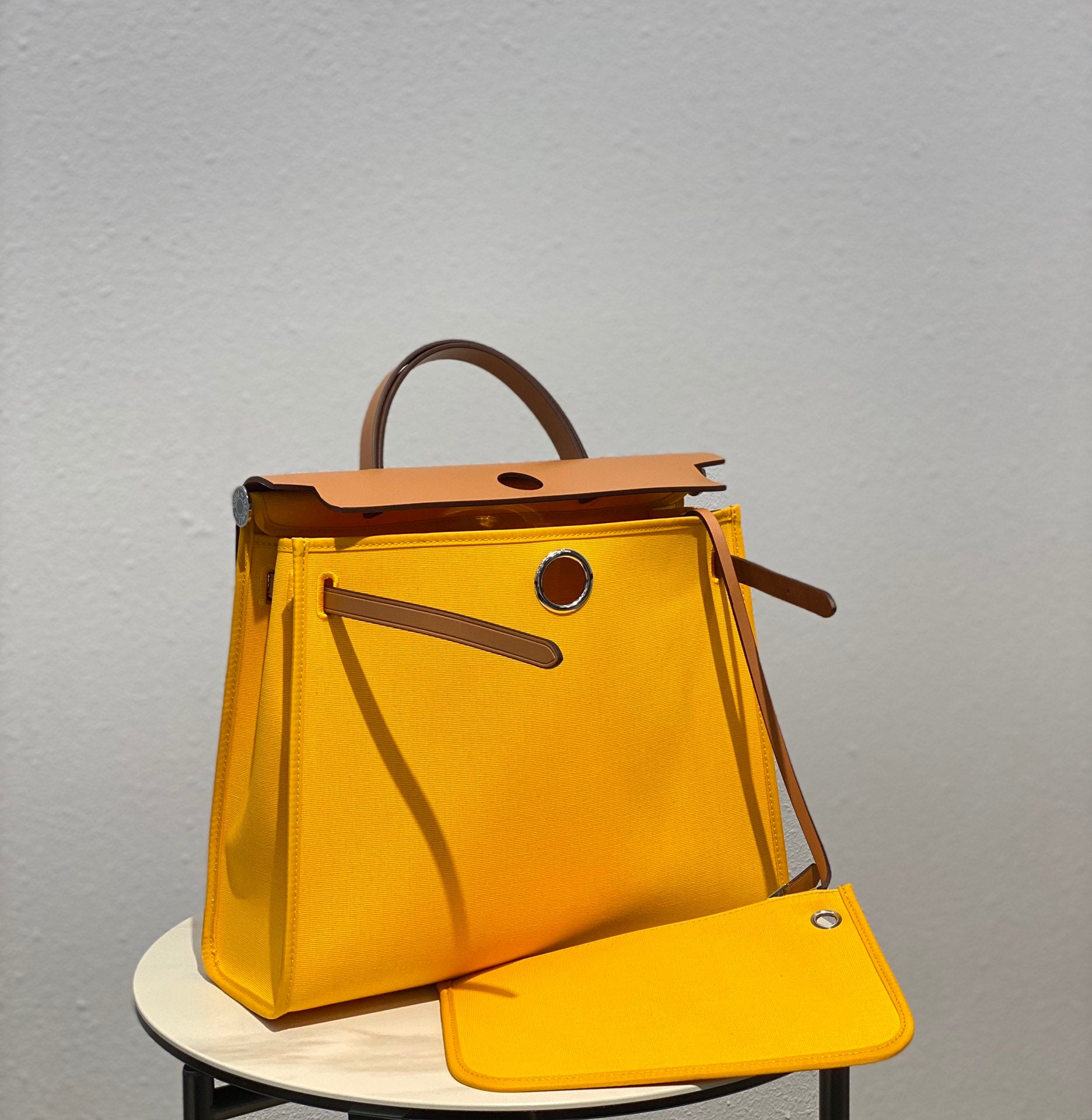 Luxury Two-Tone Yellow Canvas and Tan Leather Top Handle Shoulder Bag