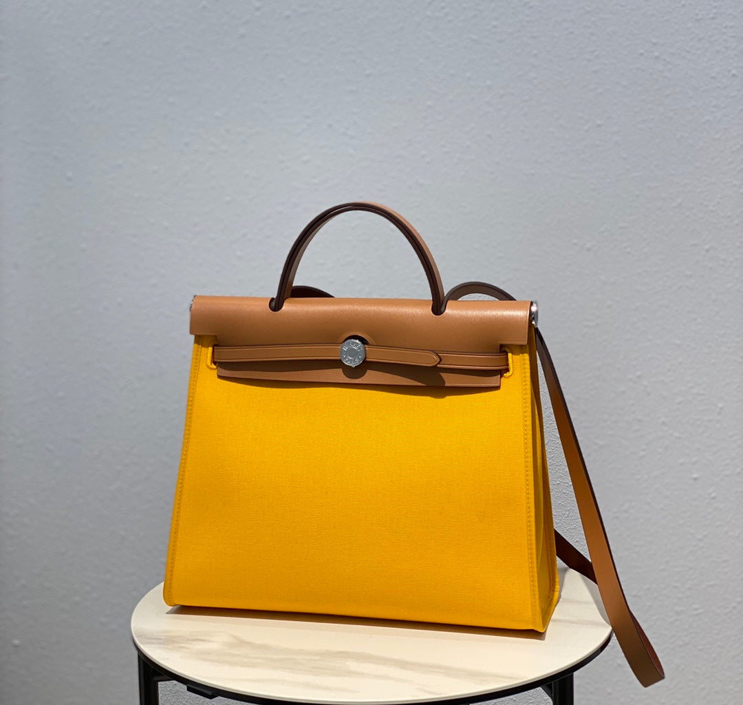 Luxury Two-Tone Yellow Canvas and Tan Leather Top Handle Shoulder Bag
