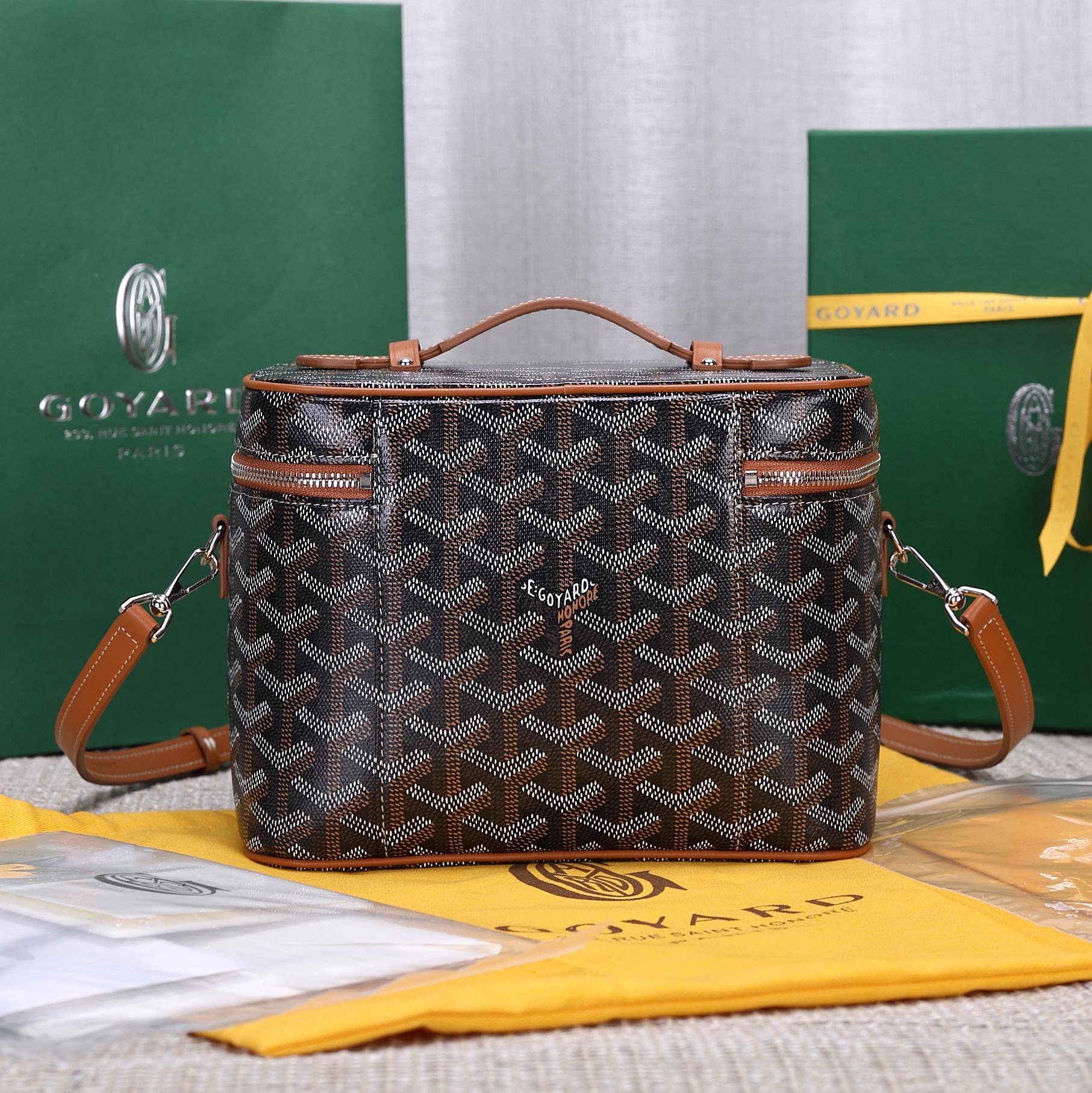 Gogy Chevron Monogram Vanity Case Crossbody Handbag with Leather Trim
