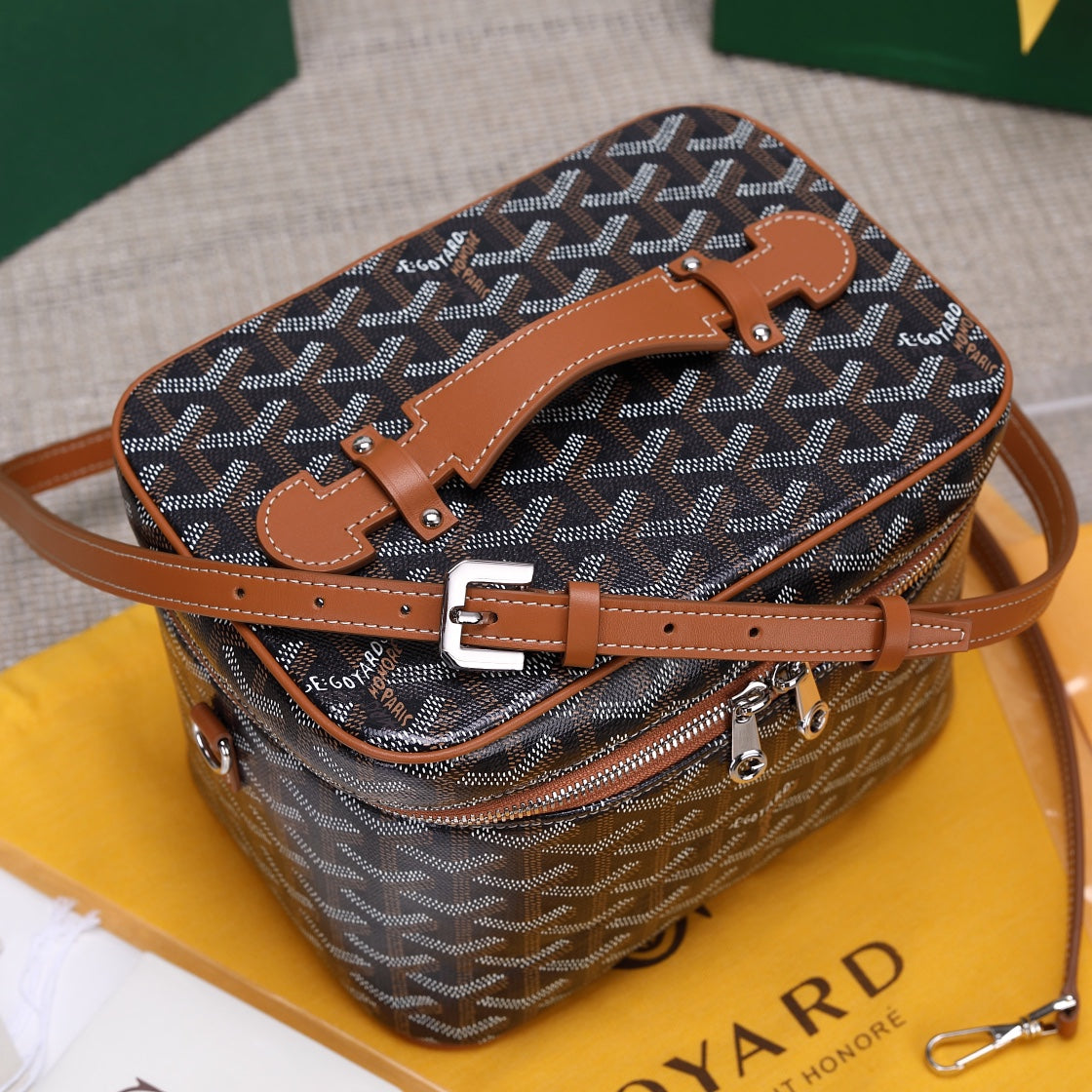 Gogy Chevron Monogram Vanity Case Crossbody Handbag with Leather Trim