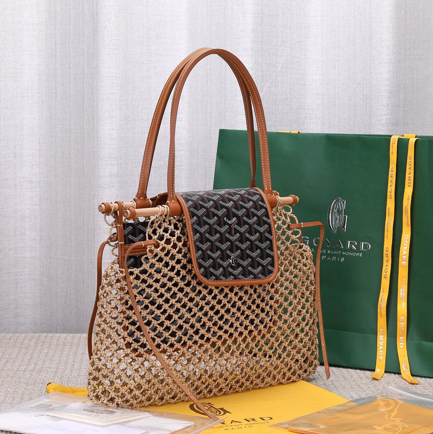 Gogy Bohemian Woven Mesh Shoulder Bag with Patterned Leather Flap