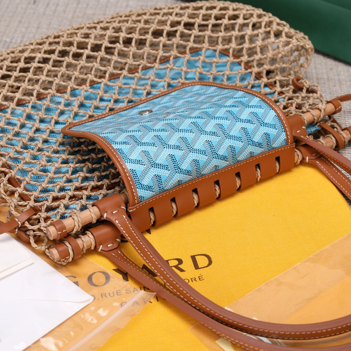 Gogy Woven Mesh Net Shoulder Bag with Light Blue Patterned Inner Pouch