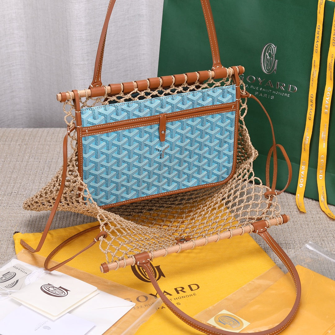 Gogy Woven Mesh Net Shoulder Bag with Light Blue Patterned Inner Pouch