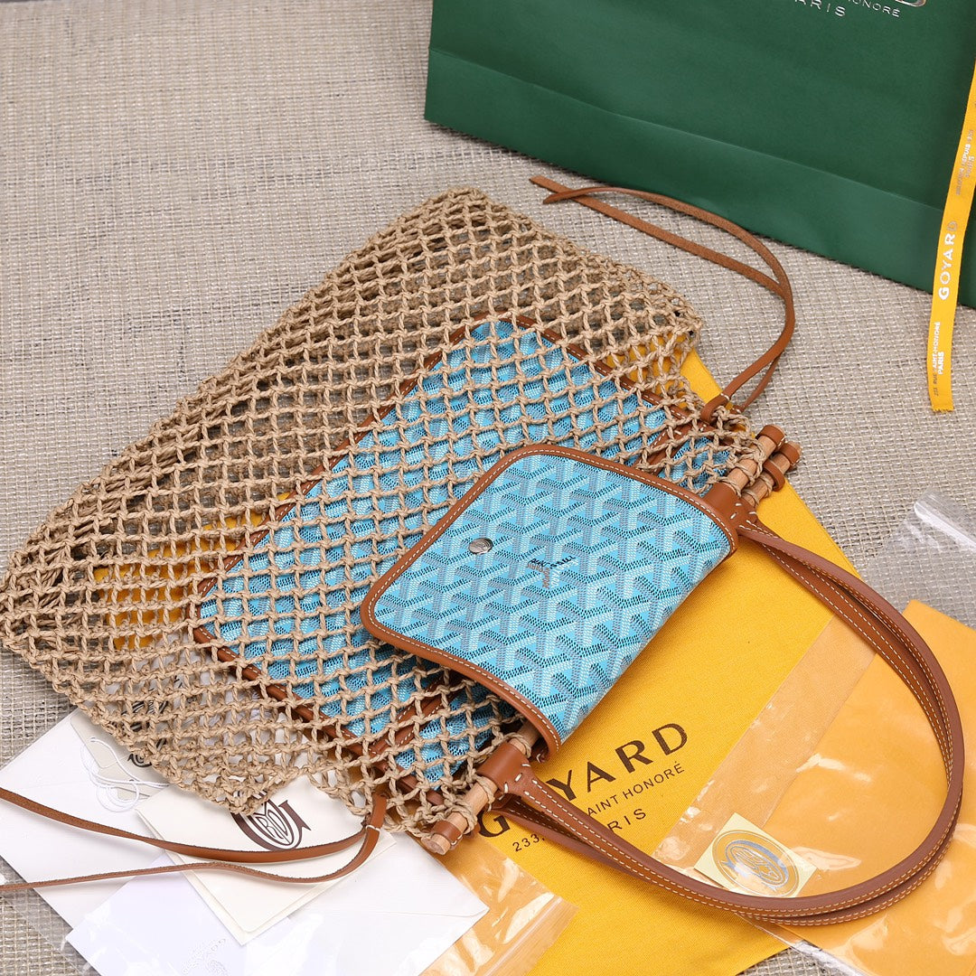 Gogy Woven Mesh Net Shoulder Bag with Light Blue Patterned Inner Pouch