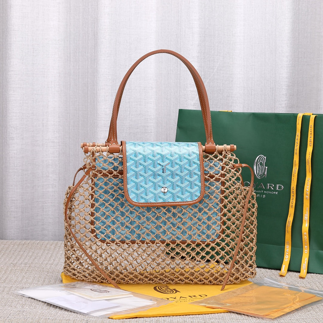 Gogy Woven Mesh Net Shoulder Bag with Light Blue Patterned Inner Pouch