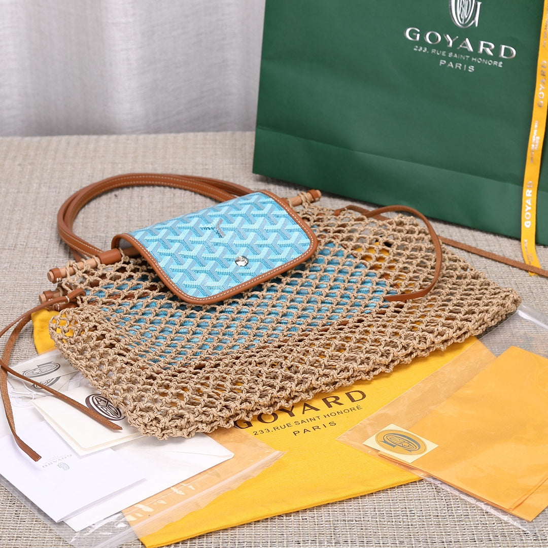 Gogy Woven Mesh Net Shoulder Bag with Light Blue Patterned Inner Pouch