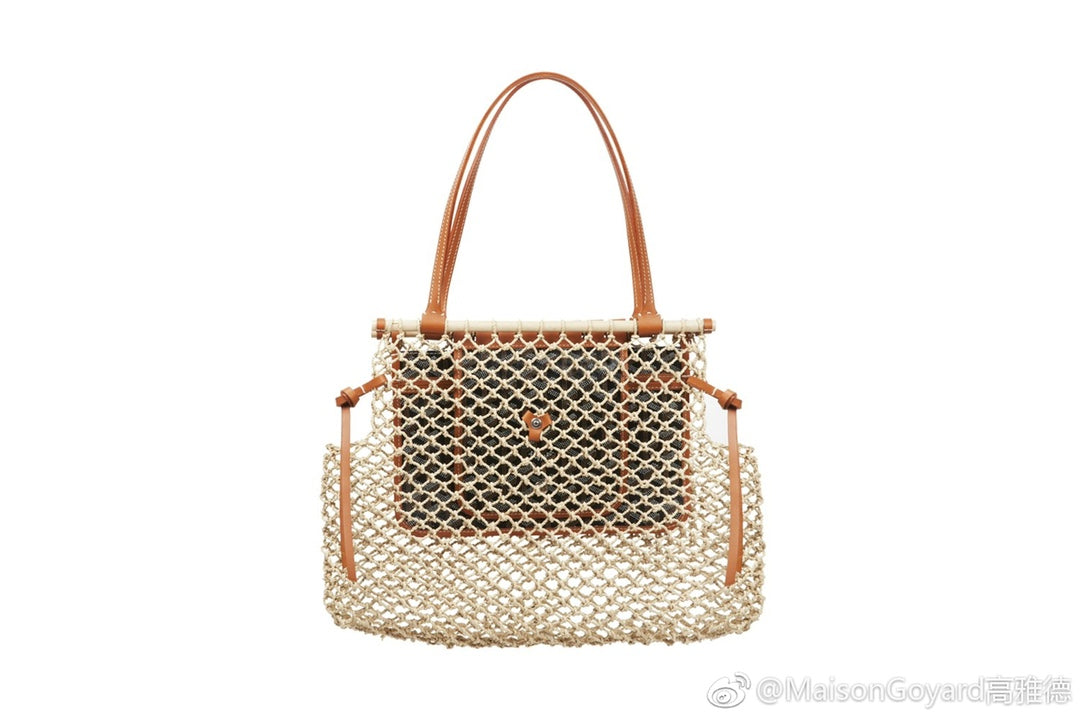 Gogy Woven Straw Net Shoulder Bag with Patterned Leather Flap