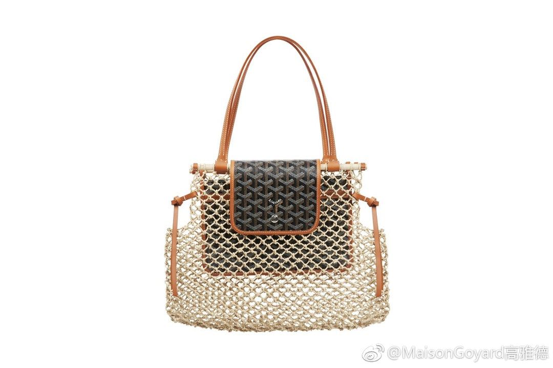 Gogy Woven Straw Net Shoulder Bag with Patterned Leather Flap