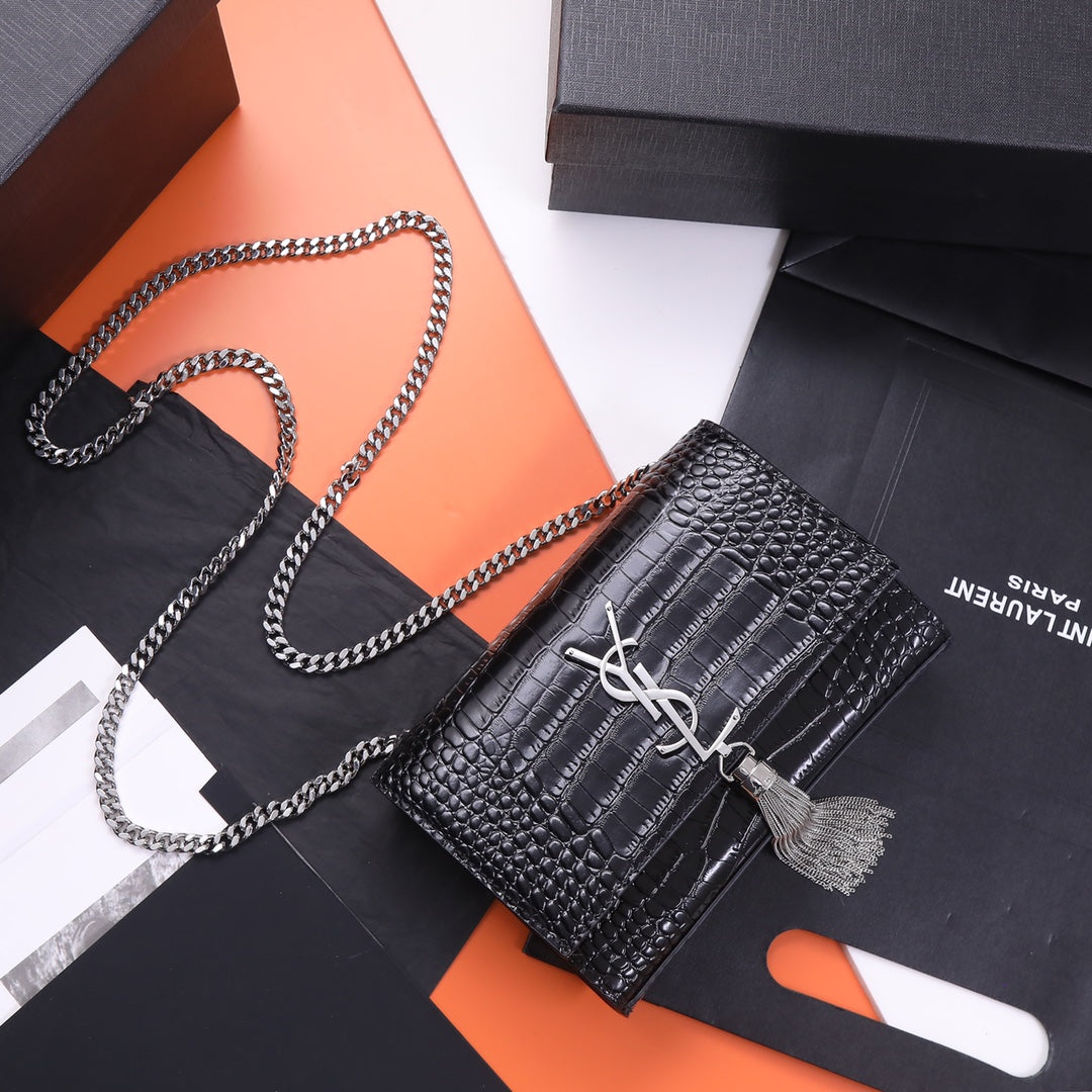 Saint Laurent Kate Small Tassel Bag in Crocodile-Embossed Leather