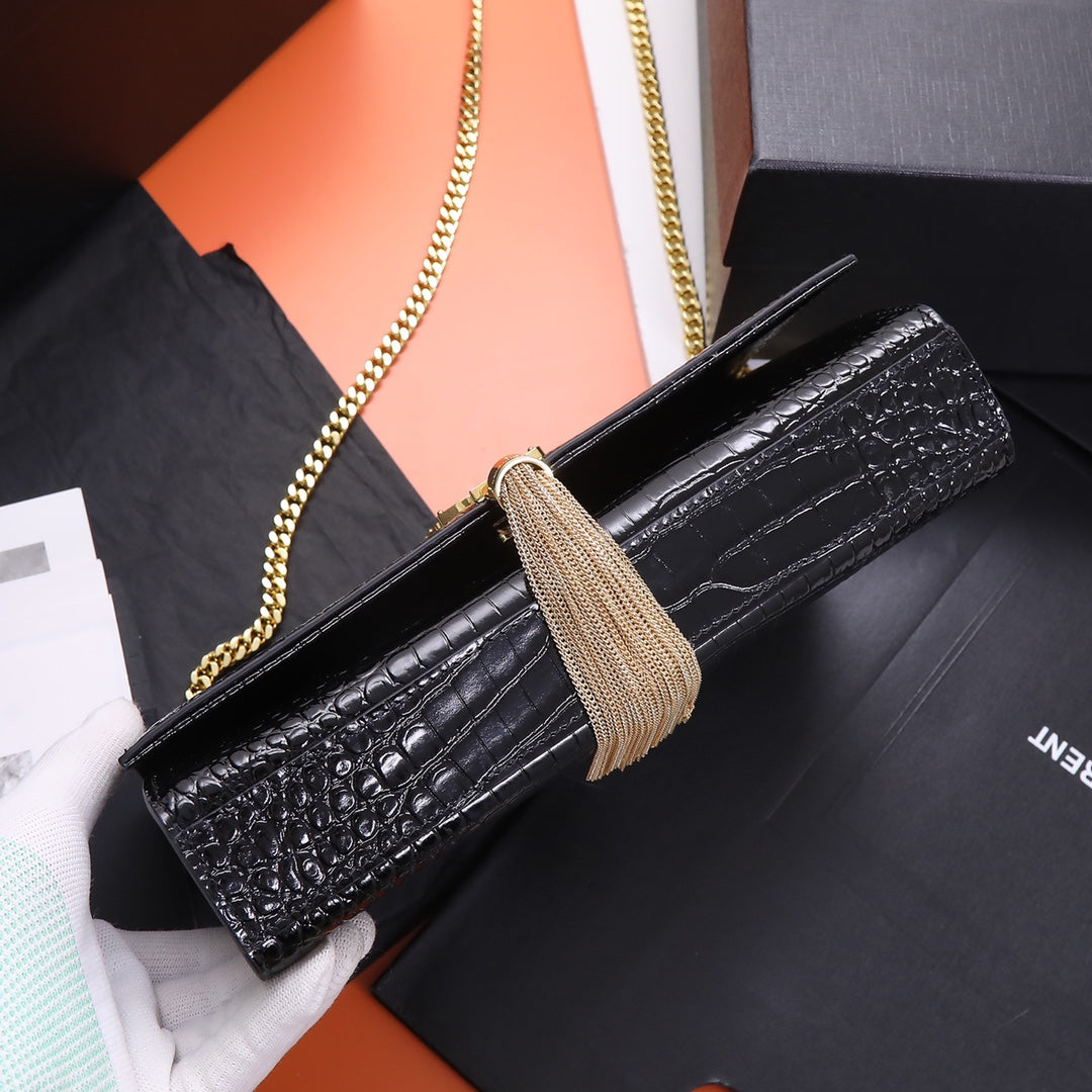 Saint Laurent Kate Medium Tassel Crossbody Bag - Black Crocodile-Embossed Leather