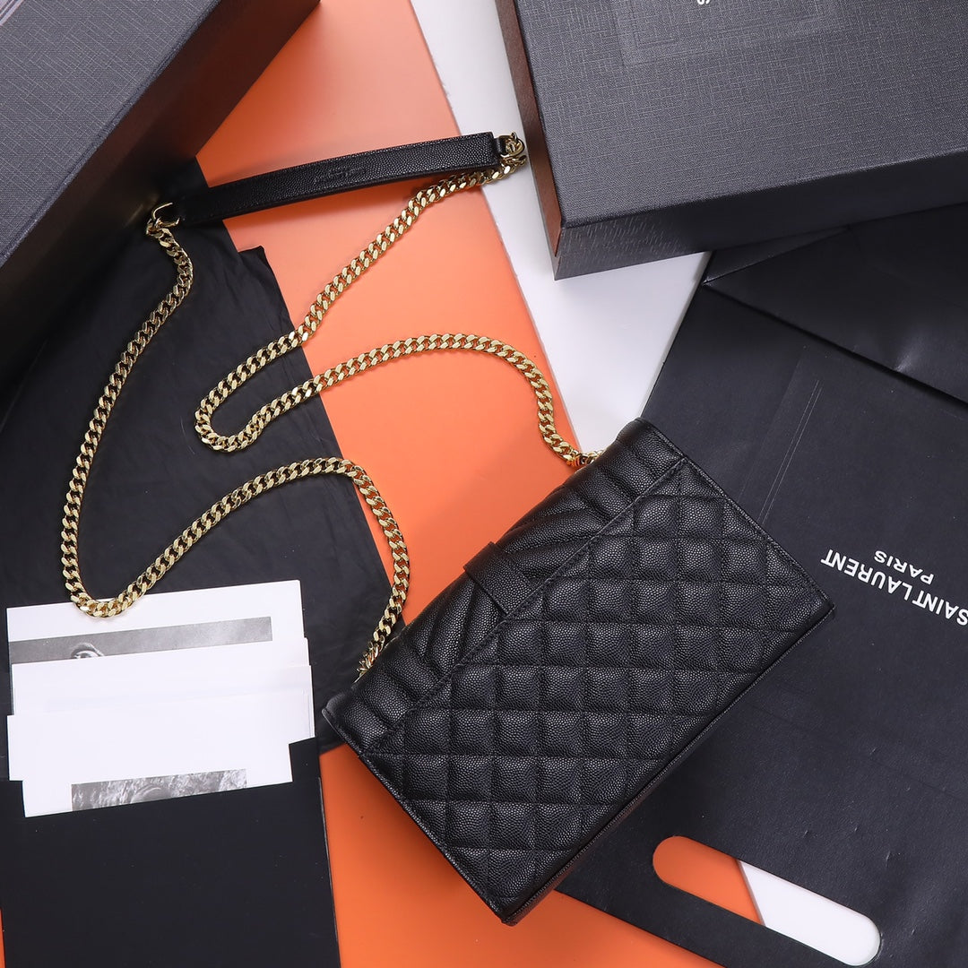 Saint Laurent Monogram Mix Matelassé Grain de Poudre Chain Wallet - Black
