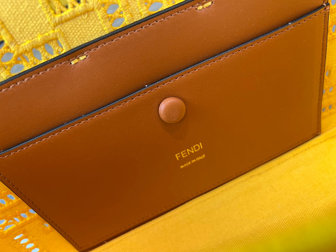 Fendi Yellow Perforated Leather Baguette Bag with FF Logo
