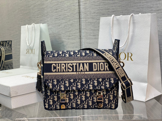 Dior Blue Monogram Canvas Messenger Bag with Wide Crossbody Strap